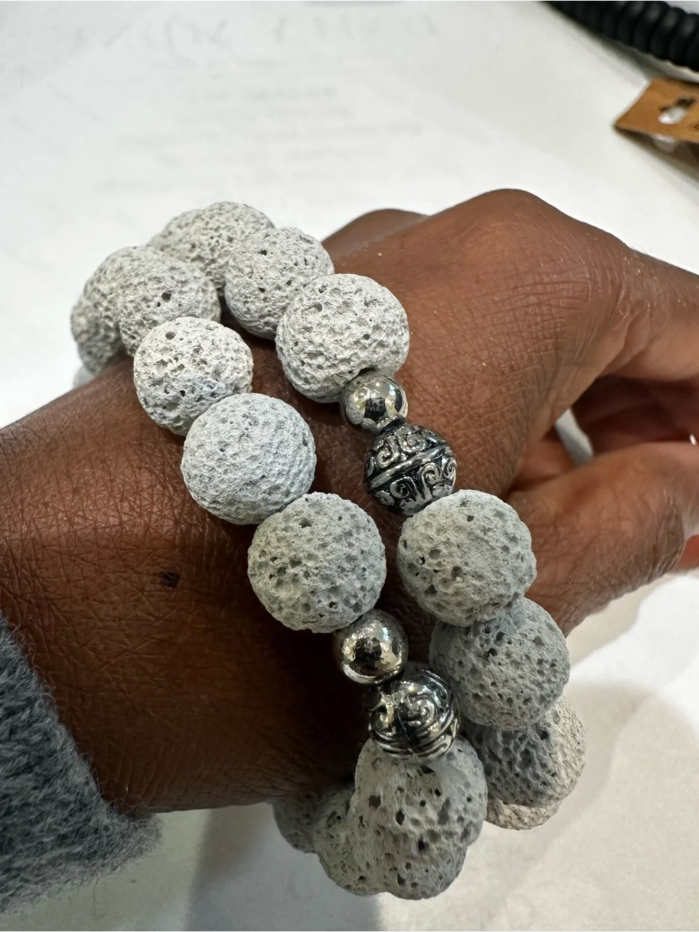 2 pcs Gray Lava Stone Beaded Stretch Bracelet - Unisex